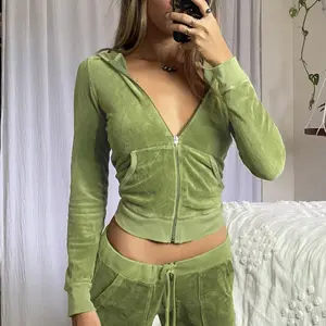 C1659 2022 solid velvet sports suit zipper hooded long sleeve coat high waist slim tie bell bottoms women's two piece set