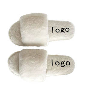 Zapatillas con punta abierta peluda y esponjosa de felpa con logotipo personalizado para mujer, Tobogán de una correa, acogedor, cálido, invierno, algodón suave, antideslizante para - Product Image 6