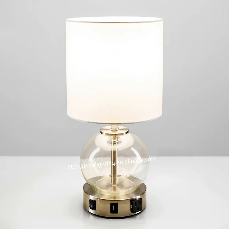 High Quality Customization Bed Side Bedroom Modern Round Clear Glass Base Table Lamp With White Shade