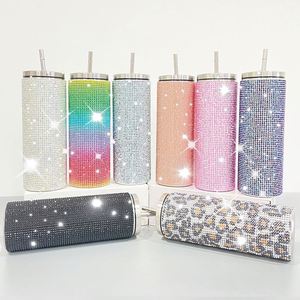 Gobelet isotherme 20oz en acier inoxydable à double paroi sous vide, orné de strass et de cristaux colorés, avec paille - Product Image 2