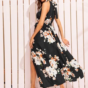 Vestido Maxi Halter con Estampado Floral y Abertura en el Muslo, con Cinturón, Ropa de Verano para Mujer, OEM - Product Image 3