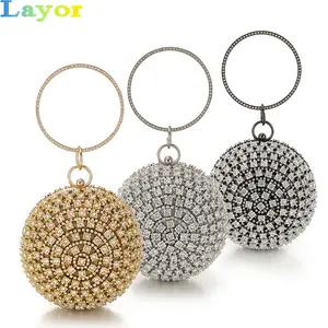 2024 Fashion shiny rhinestone women clutch bags wedding evening purse bag round metal ball shape ladies handbags