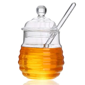 Reihey Luxury Transparent Glass Honey Jar With Lid And Dipper Kitchen Gadget Dipper Stick Syrup Dispenser Server