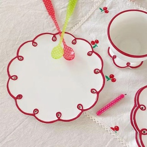 Tuyệt đẹp gốm hồng đỏ vỏ sò TRIM trà tấm Hollow ren 8 9inch món tráng miệng bánh pudding, pho mát Tấm - Product Image 4