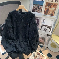 Pull en maille épaisse 100 % coton, surdimensionné, déchiré, avec franges et pompons, blanc uni, de luxe, avec logo personnalisé, pour l'hiver