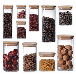 Ensemble de bocaux de conservation en verre borosilicate avec couvercle en bambou carré pour le dropshipping Shopify, idéal pour le thé, les épices et les grains de café - Product Image 1