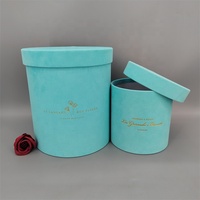 Boîte Cadeau Ronde en Carton Mat Bleu Classique avec Logo Doré, en Matériaux Recyclés, Boîte à Fleurs, Boîte Cadeau Hug Bucket avec Couvercles
