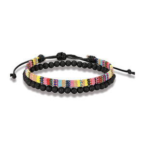 Bohemian-style Handmade Braided Iron Bracelet for Men lava Volcanic <strong>Stone</strong> Combination Set Vintage Fabric <strong>Bangle</strong> - Product Image 2