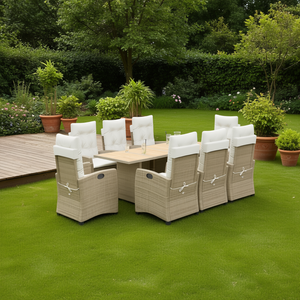 Conjunto de Comedor de Jardín de Ratán Beige con Cojines, Muebles de Exterior para 8 Personas, Mesa de Madera de Teca, Diseño Contemporáneo - Product Image 2