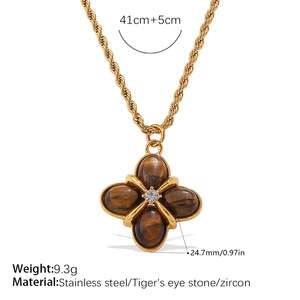 Flower Pendant Necklace 18K Gold Plated Tiger's Eye Oval Stones Round Diamond <b>Rope</b> <b>Chain</b> Classic Style Unisex Jewelry - Product Image 6