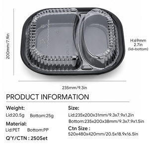 Bandeja de almuerzo desechable de PP de 2 compartimentos con tapa transparente de PET, contenedor de alimentos de plástico a prueba de fugas de calidad alimentaria para catering. - Product Image 2
