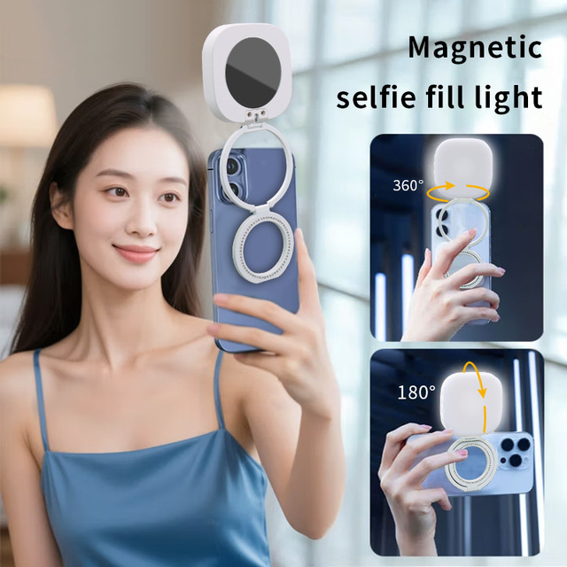 Hot Magnetic Selfie Fill Light with Convex Mirror Compatible with Magsafe Phone Fill Light Foldable Extendable Video Light