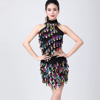 Robe de danse latine pour femmes, avec paillettes et franges, dos nu, débardeur à bretelles avec jupe et collier, ensemble 3 pièces, Costume de danse Rumba Samba