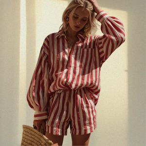 Conjuntos de Pijama de Camisa Holgada y Pantalones Cortos a Rayas para Mujer, Elegantes, Clásicos, Modernos y Cómodos, Venta al Por Mayor - Product Image 1