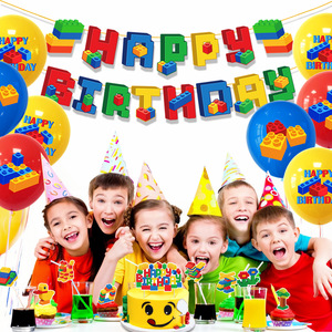 Décorations de fête d'<span class=keywords><strong>anniversaire</strong></span> sur le thème des blocs de construction, toppers de gâteau, bannières, ballons - Pack de fournitures pour fête d'<span class=keywords><strong>anniversaire</strong></span> sur le thème coloré de l'été - Product Image 3