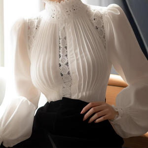 Camicette in tinta unita da donna bianca RNSHANGER con colletto alto alla moda pendolarismo arricciato in <span class=keywords><strong>pizzo</strong></span> con cave a maniche lunghe - Product Image 2