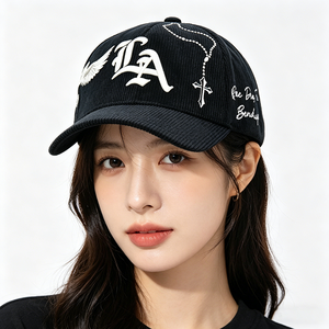 Black Corduroy 5-panel <b>Baseball</b> <b>Cap</b> with <b>LA</b> & Cross Embroidery Gothic Streetwear Adjustable for Men Women - Product Image 1