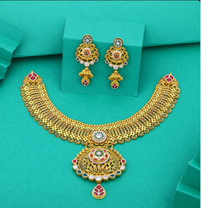 Traditional gold necklace with intricate temple design colorful <b>stones</b> bridal jewelry elegant ethnic statement necklace - Product Image 1