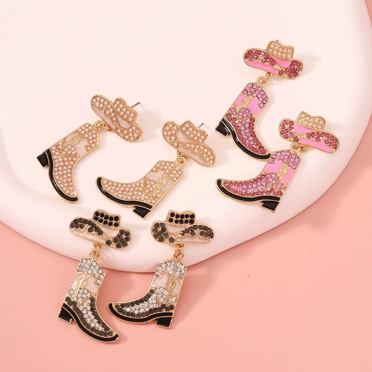 2023 NEW Fashion Pink Stones Hat Earrings Multiple Epoxy Colors and Diamond Alloy Cow Boots Western Cowboy Hat Earrings