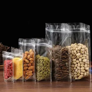 Sac d'emballage alimentaire de stock transparent à fermeture éclair pour fruits secs et noix, pochette debout
