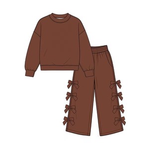 Tenue 2 pièces pour petites filles, haut à col ras du cou, pantalon à jambes larges avec décoration en nœud, vêtements décontractés - Product Image 6