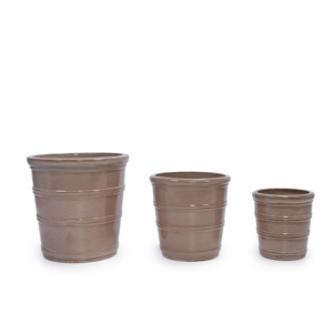 Juego de 3 macetas de cerámica hechas a mano de 16, 13 y 10 pulgadas de diámetro, color taupe con anillos horizontales para suculentas, hierbas, interior y exterior. - Product Image 2