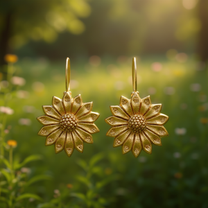 Orecchini Pendenti a Fiore Dorato Placcati in Oro 22k con Incastonatura a Castone, Gioielli da Donna per Uso Quotidiano - Product Image 2