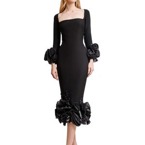 C3724 stile europeo a <span class=keywords><strong>maniche</strong></span> <span class=keywords><strong>lunghe</strong></span> da donna a maglia abito <span class=keywords><strong>Midi</strong></span> <span class=keywords><strong>nero</strong></span> elegante da sera da donna - Product Image 1