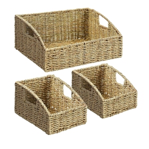 Hot Sale Seagrass <b>Basket</b> Handwoven <b>Wicker</b> Storage Bins with Built-in <b>Handles</b>, Storage Container <b>Baskets</b> - Product Image 1