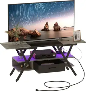 TV LED 65 inci, dudukan hiburan dan meja Gaming Modern mewah dengan outlet konsol Multimedia kayu untuk ruang tamu