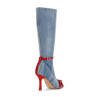 Bottes en jean pour femmes à bout ouvert, hauteur genou, avec boucle rouge décorative, fermeture éclair latérale, talon aiguille, pour soirée et mode