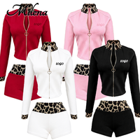 Ensemble deux pièces imprimé léopard pour femme - Veste à fermeture éclair en forme de cœur et short taille haute - Vêtements de sport décontractés pour femme - Logo personnalisable
