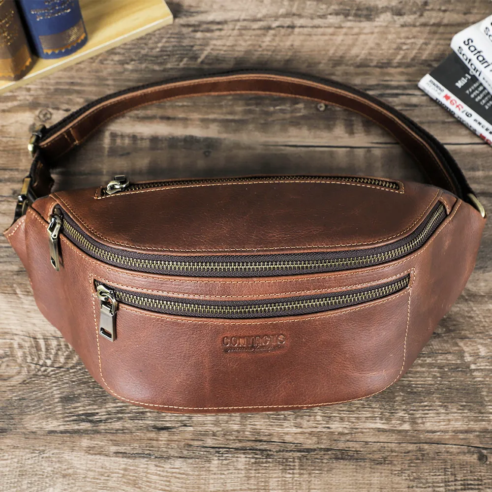 حقيبة الخصر المعدنية ذات التصميم الأصلي الجلدي للرجال حقيبة الصدر والخصر مع حزام فاخر للظهر والبطن