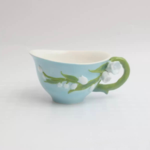 Hand-crafted Modern Sustainable <b>Reusable</b> Portable Embossed Bell Orchid Pattern Light Blue Glaze Ceramic Coffee <b>Cup</b> Saucer Set - Product Image 4