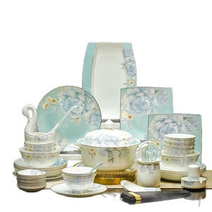 Service de table en céramique de Jingdezhen, ensemble complet d'assiettes et de vaisselle pour la maison, luxe léger, haut de gamme, motif fleur de pivoine. - Product Image 5