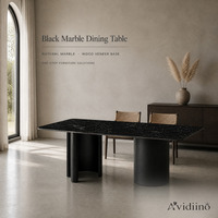 Table à manger moderne en marbre noir, placage de bois contreplaqué, base à double piétement, taille personnalisée pour salle à manger, hôtel