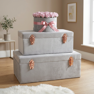 Modern Grey Velvet Clothing <b>Storage</b> <b>Trunk</b> Decorative Fabric Suitcase <b>Box</b> Rose Gold Latch Home Organizer Chest 10kg Capacity 35L - Product Image 1