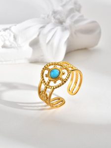 Bague ouverte en acier inoxydable plaqué or 18 carats pour femme, incrustation de turquoise naturelle, Hamsa, yeux de protection, creuse, style vintage bohème, ajustable - Product Image 6