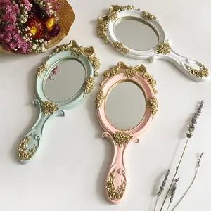 Biumart Vintage Handheld Make-up Spiegel Ovaler Kosmetik spiegel Rose Flower Carved Daily Make Up Princess Style Einseitige Spiegel
