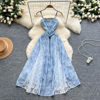 Robe longue d'été pour femmes à bretelles spaghetti, en maille crochetée, patchwork, taille cintrée, robes élégantes