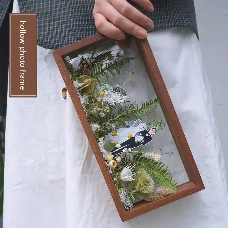 Conjunto de flores seca de madeira, conjunto de flor seca de três dimensões de acrílico moldura de fotos de animais e plantas