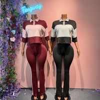 Ensemble de pantalons patchwork tendance pour femmes d'automne, hauts rayés à col polo, pantalons évasés, ensemble 2 pièces pour femmes