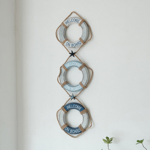 Mediterranean Style Wooden Life Ring Wall Sculpture 3-Piece Set Home <b>Decor</b> Circular MDF Vertical Design - Product Image 2