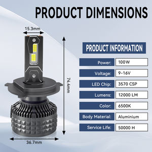 JHS Großhandel 100W 12000LM H4 <span class=keywords><strong>LED</strong></span>-Scheinwerferbirnen Fernbedienung Fahrlicht H1 H3 H4 H7 H11 9005 9006 <span class=keywords><strong>LED</strong></span>-Scheinwerfer für Autos - Product Image 2