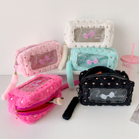 Trousse à crayons en peluche couleur bonbon style coréen pour trousse de toilette, sac de maquillage portable pour étudiant, sac de rangement à fermeture éclair avec nœud papillon pour papeterie
