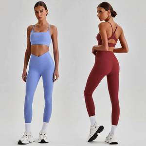 Conjunto de leggings de yoga con cintura cruzada en V y sujetador deportivo para mujer, ropa deportiva para gimnasio, levantamiento de glúteos, correr, fitness - Product Image 2