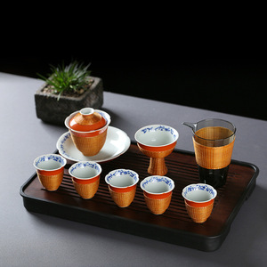 Bamboo Weaving Porcelain Tea Set With Covered Bowl Fairness Cup <b>Teacups</b> Master Cup One Pot Four Cups Gift Set - Product Image 1
