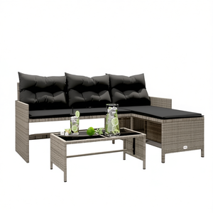 Conjunto de sofá de patio en forma de L de poliratán gris con mesa y cojines, muebles de jardín para exteriores, diseño contemporáneo - Product Image 1