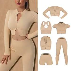 بيع بالجملة wear النساء 6 قطع مضلع مجموعة اليوغا سحاب شعار مخصص Activewear عداء ببطء سلس الملابس الرياضية اللياقة البدنية ملابس صالة الألعاب الرياضية