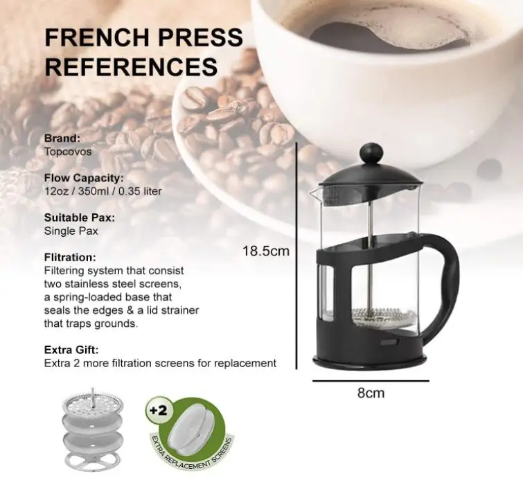 Amazon Product Hot Sell 350/600/800ml Coffee French Press Coffee Plunger Travel Private Label French press